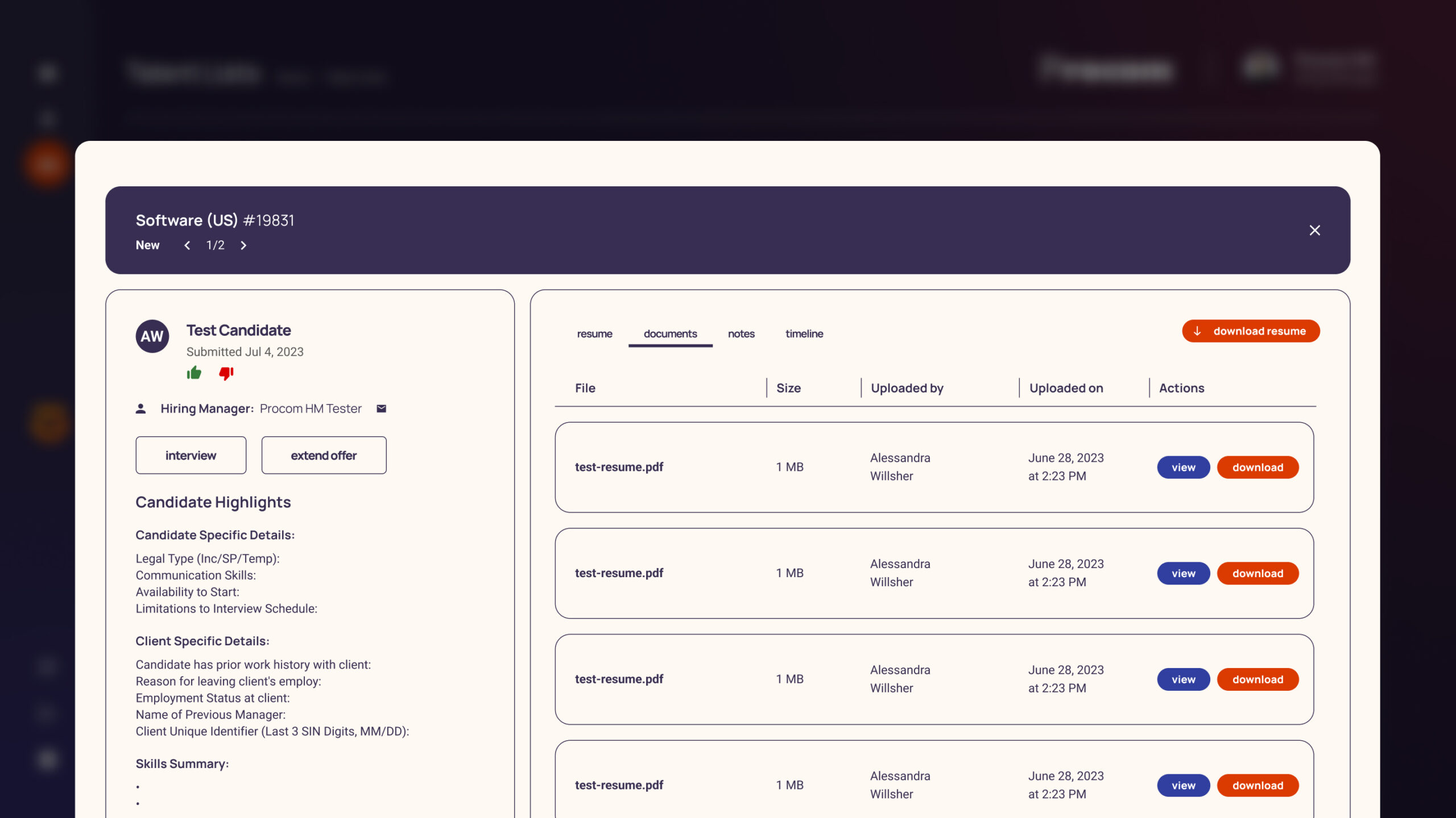 Candidate Profile - Documents tab