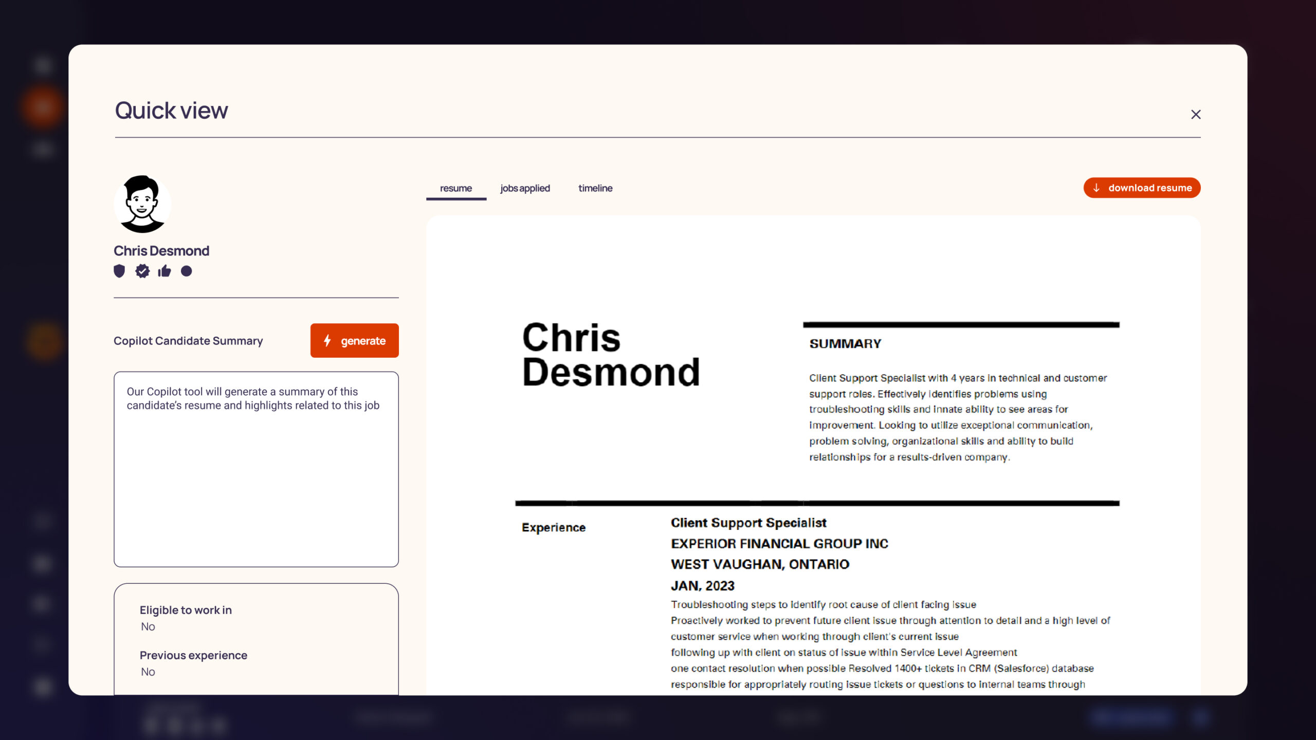 Candidate search - Quickview- scroll down