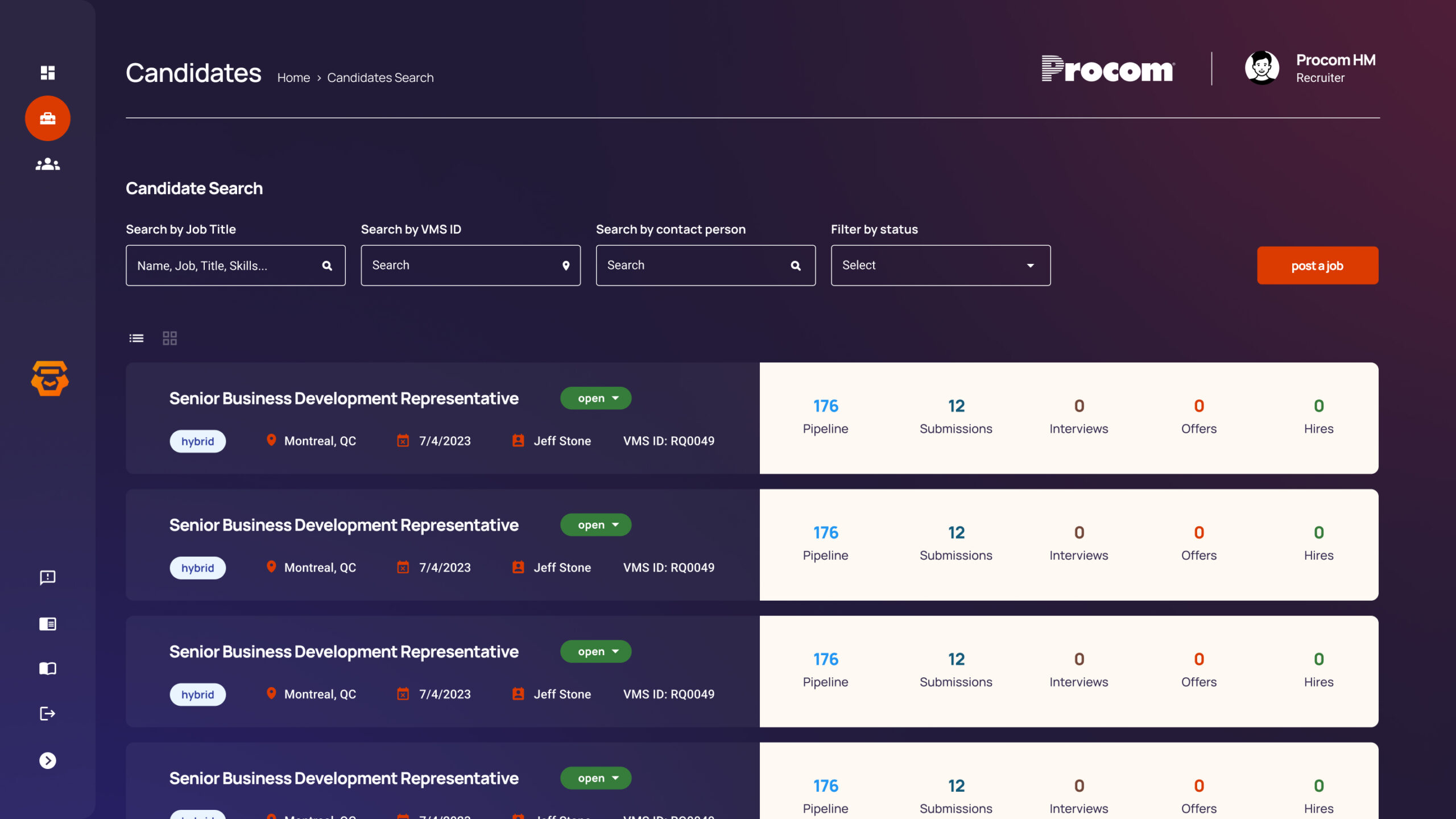 Manage Jobs list view
